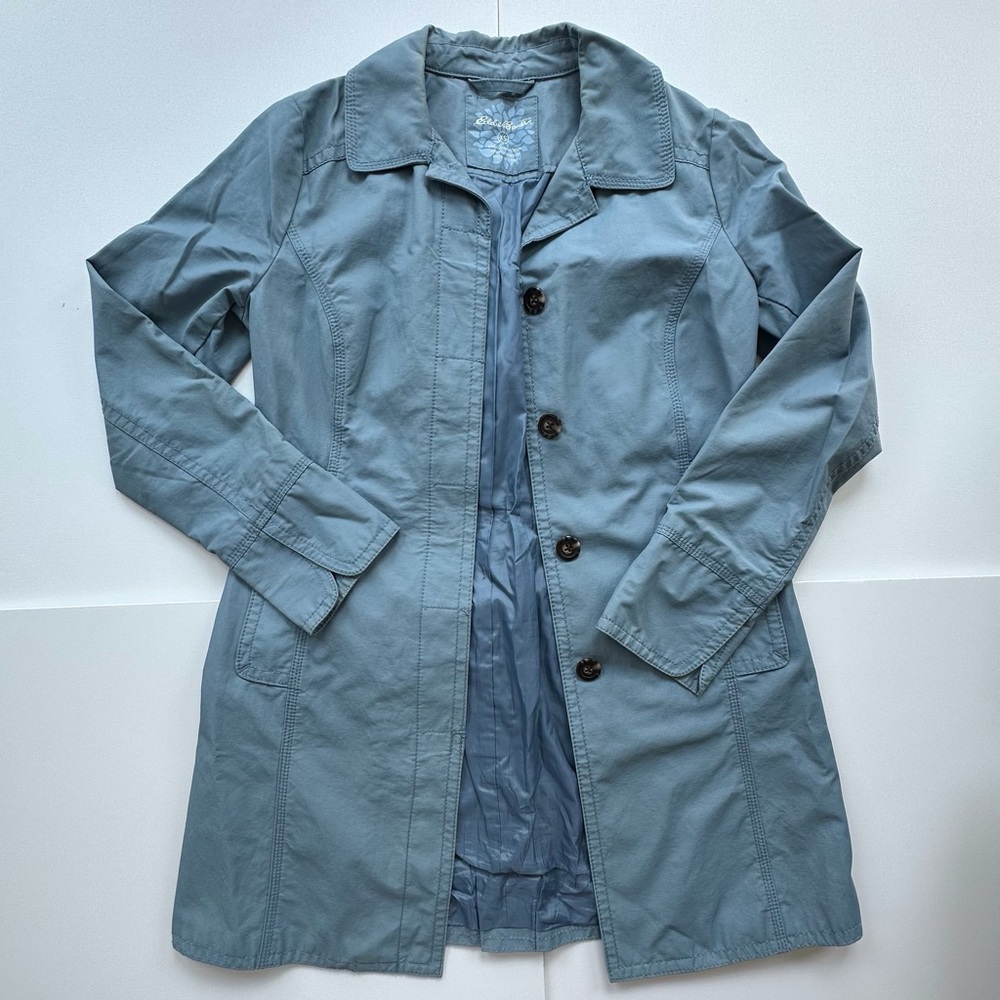 Eddie Bauer mid‎ length trench coat button closure periwinkle blue women’s XS